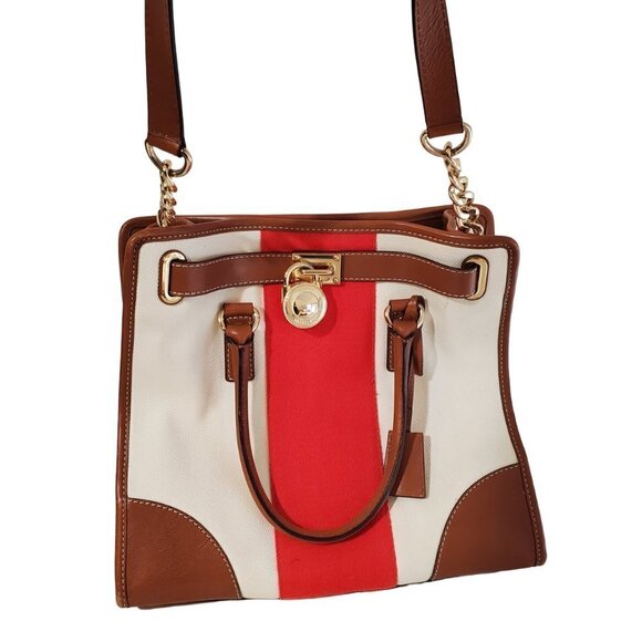 Michael Kors Handbags - MICHAEL KORS purse Hamilton Red stripe Cream canvas/leather handbag bag 14x12x6